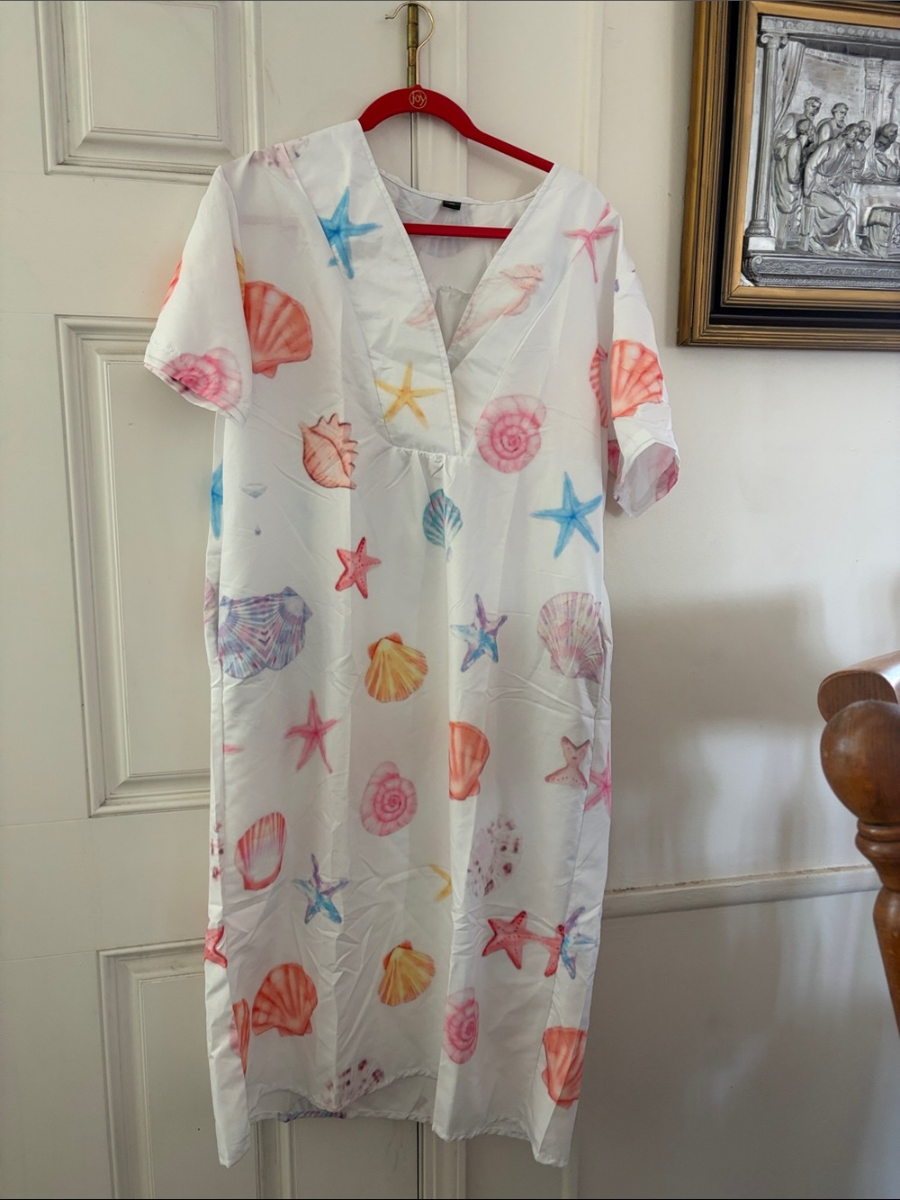 Seashell Print V-Neck Beach Cover-Up Dress - White with Pastel Shells